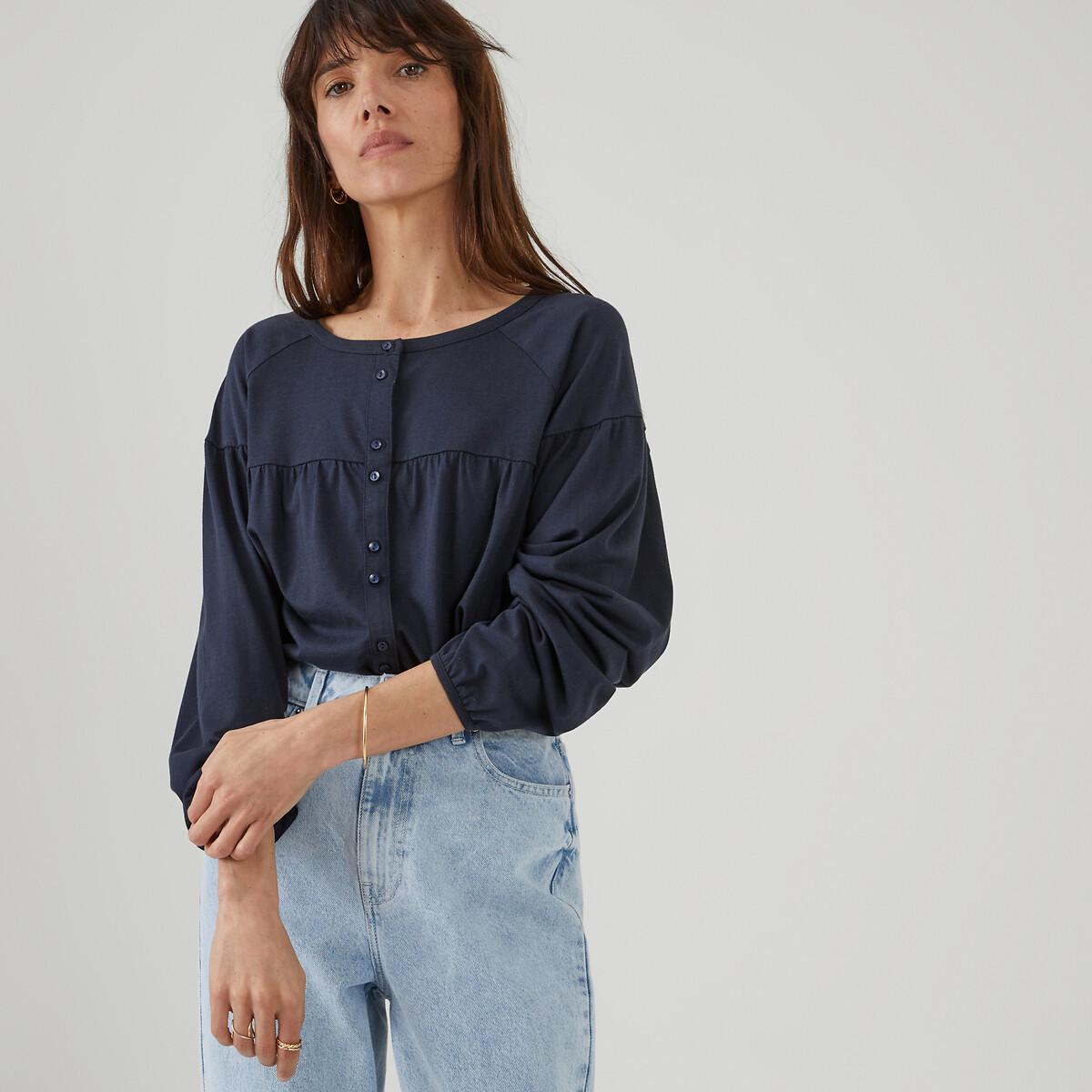 Image of Blusenshirt Mit Rundem Ausschnitt Und Knopfleiste Damen Blau XL