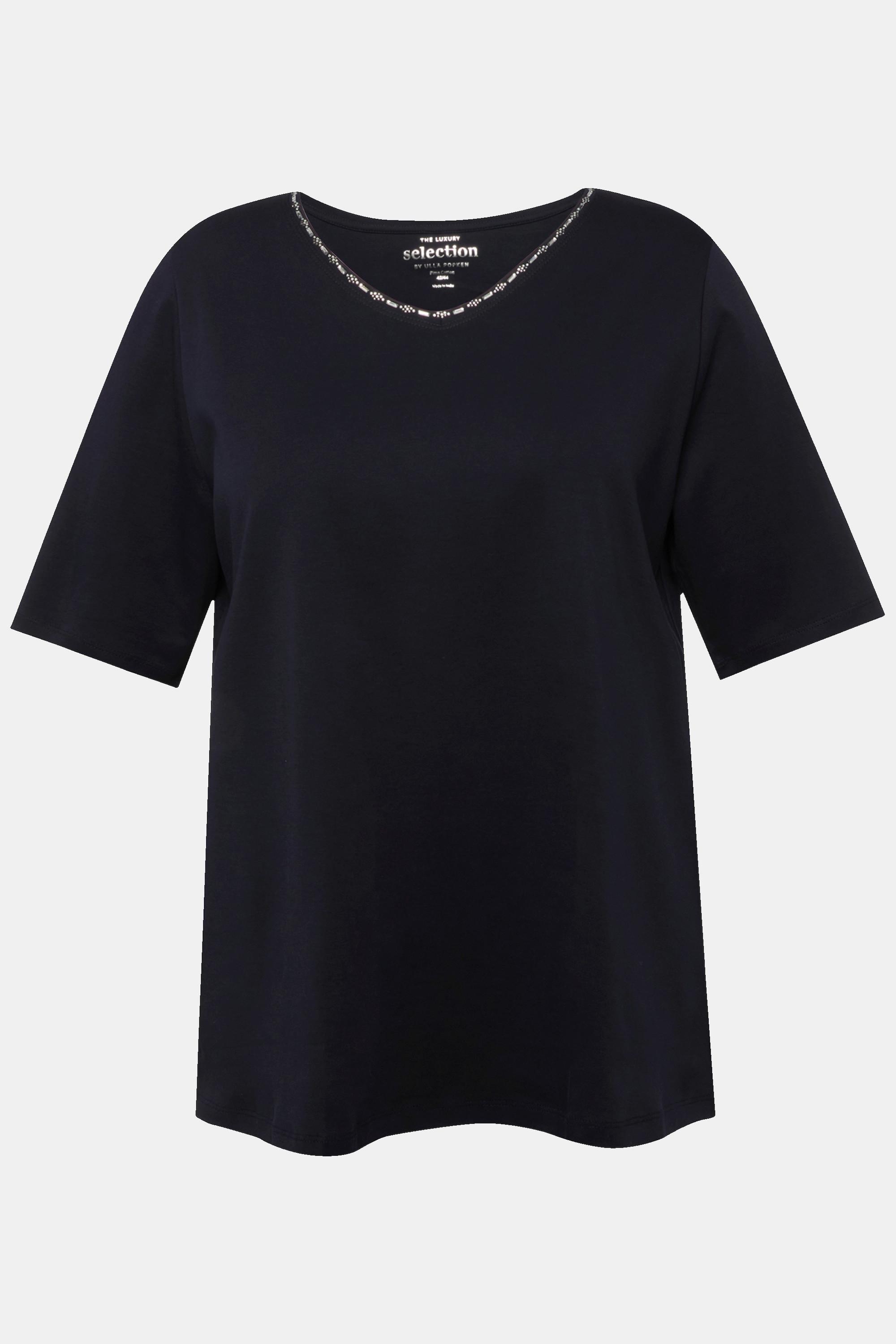 Ulla Popken  T-shirt dal taglio svasato in cotone Pima con scollo a V e mezze maniche 