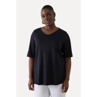 Ulla Popken  T-shirt dal taglio svasato in cotone Pima con scollo a V e mezze maniche 