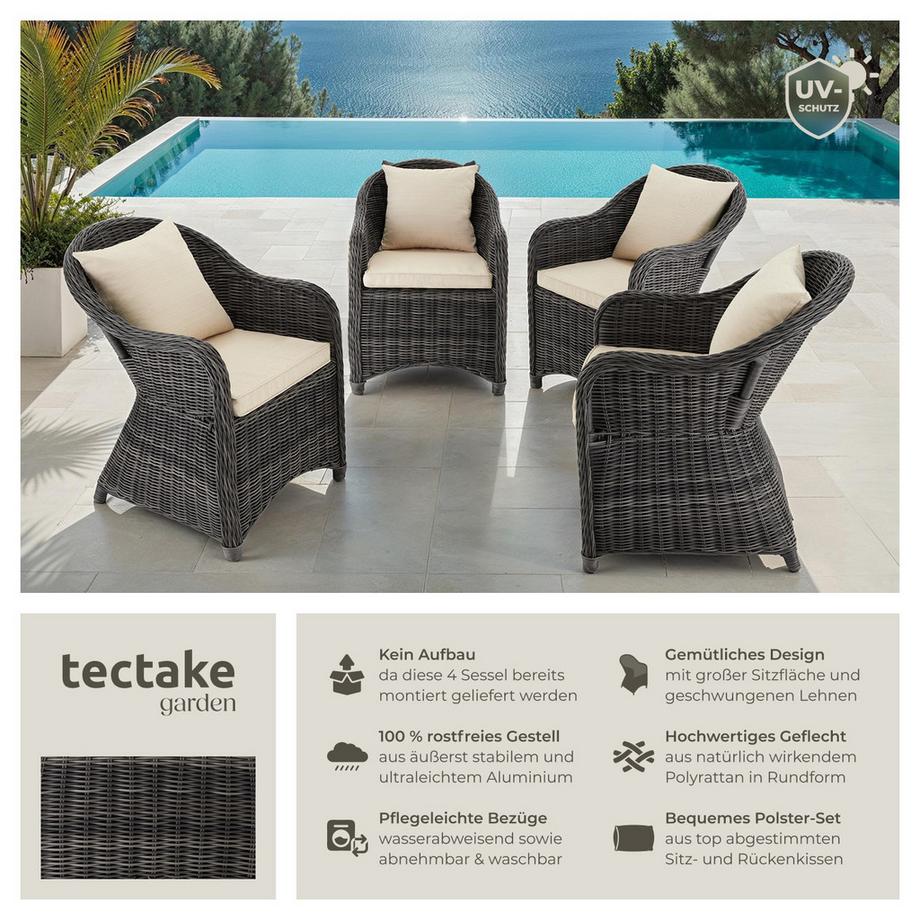 Tectake Set di 4 poltrone in rattan  con telaio in alluminio  
