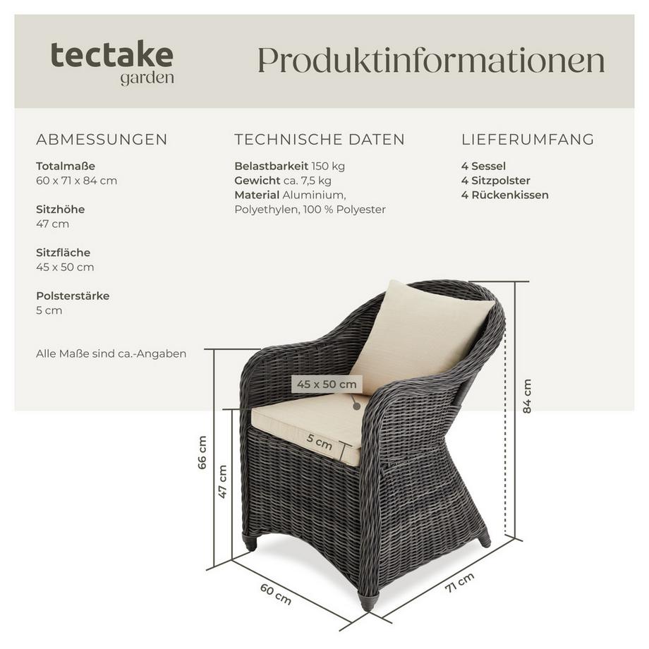 Tectake Set di 4 poltrone in rattan  con telaio in alluminio  