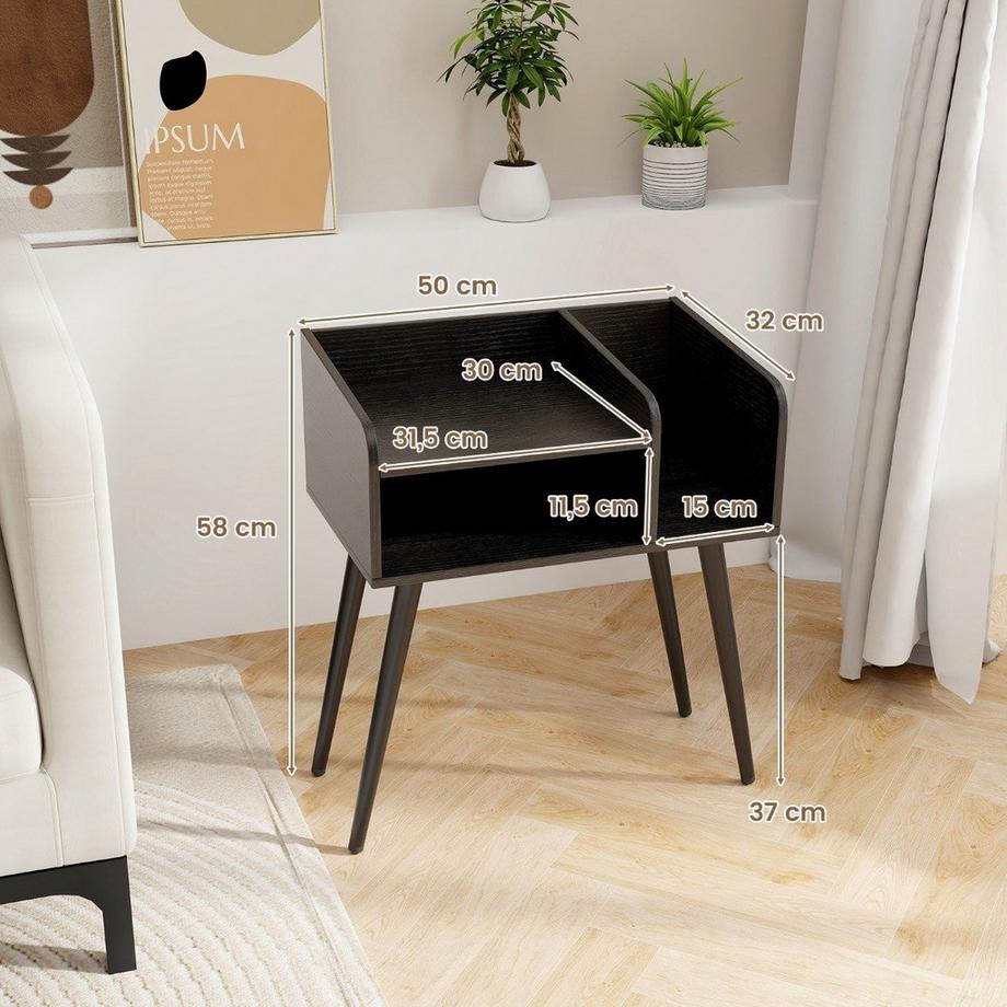 Northio Nachttisch Beistelltisch mit offenem Fach Sofatisch mit Metallstützbeinen 50 x 32 x 58 cm Schwarz 1 Stück  
