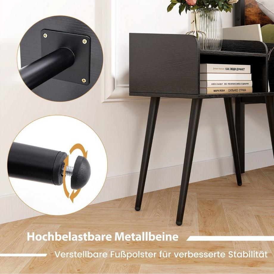 Northio Nachttisch Beistelltisch mit offenem Fach Sofatisch mit Metallstützbeinen 50 x 32 x 58 cm Schwarz 1 Stück  