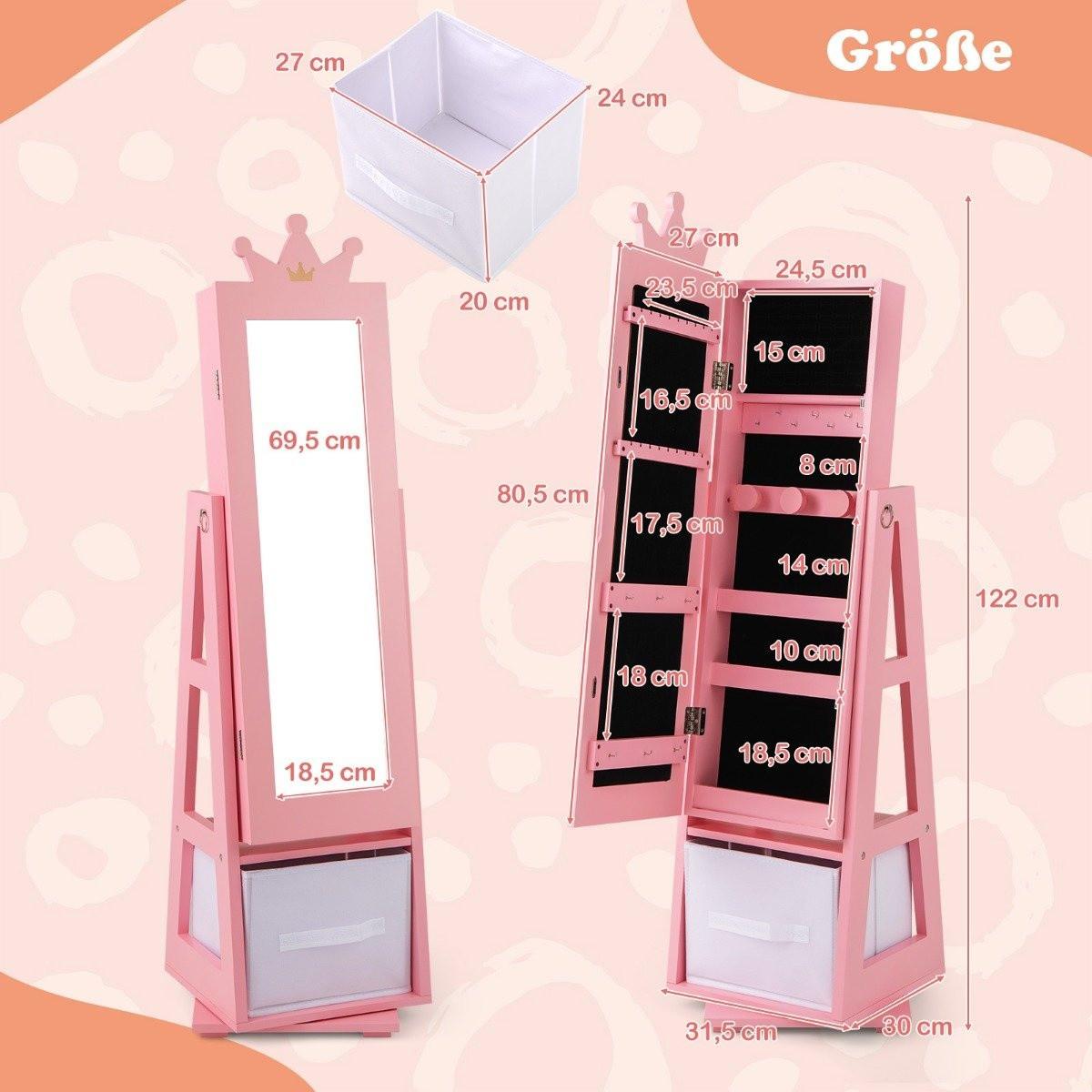 Northix Kinder Schmuckschrank 2 in 1 Spiegelschrank neigbar mit Ganzkörperspiegel 31,5 x 30 x 115 cm Rosa  