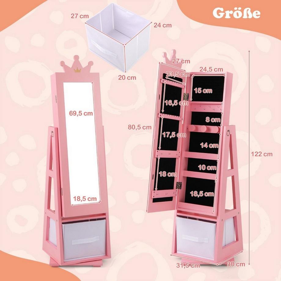 Northix Kinder Schmuckschrank 2 in 1 Spiegelschrank neigbar mit Ganzkörperspiegel 31,5 x 30 x 115 cm Rosa  