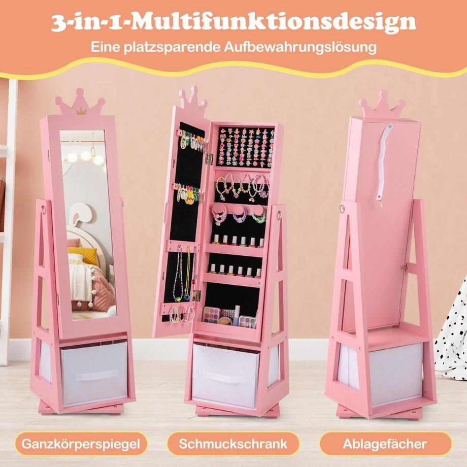Northix Kinder Schmuckschrank 2 in 1 Spiegelschrank neigbar mit Ganzkörperspiegel 31,5 x 30 x 115 cm Rosa  