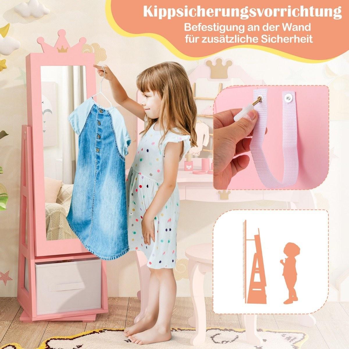 Northix Kinder Schmuckschrank 2 in 1 Spiegelschrank neigbar mit Ganzkörperspiegel 31,5 x 30 x 115 cm Rosa  