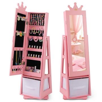 Kinder Schmuckschrank 2 in 1 Spiegelschrank neigbar mit Ganzkörperspiegel 31,5 x 30 x 115 cm Rosa