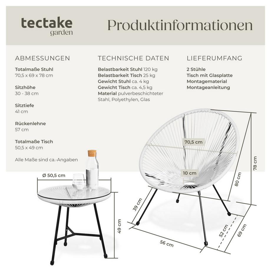 Tectake 2 Gartenstühle Santana mit Tisch  Retro-Design im Acapulco-Stil widerstandsfähig  
