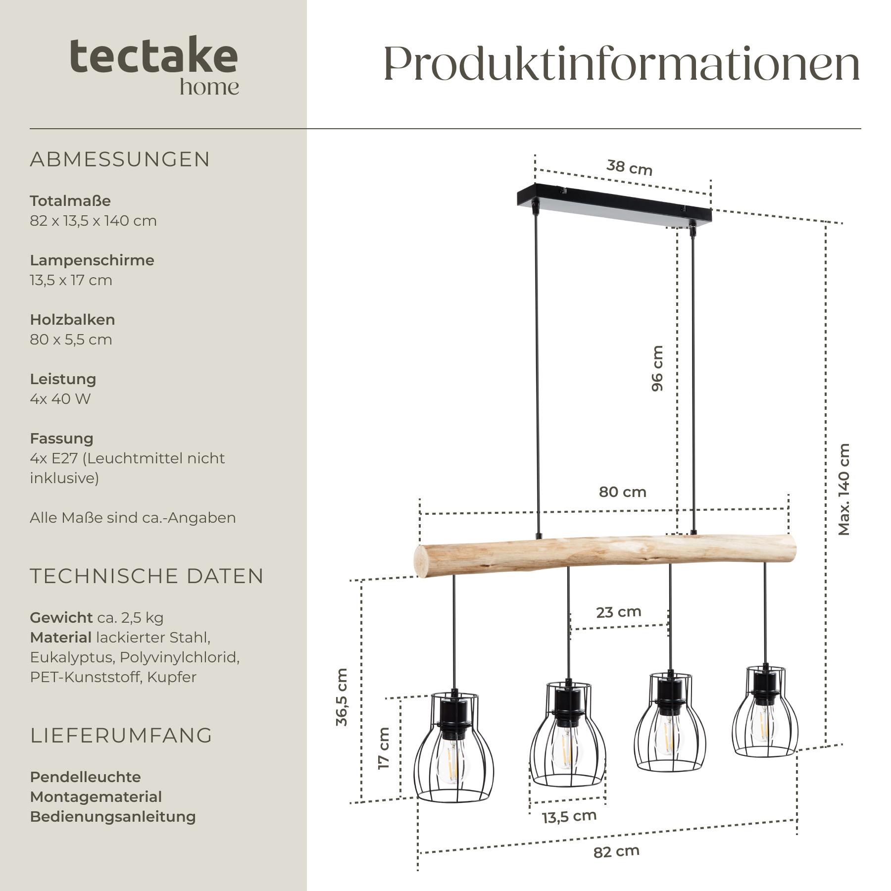 Tectake Lampadario Woody, 4 fiamme, con trave in legno, 40 W  