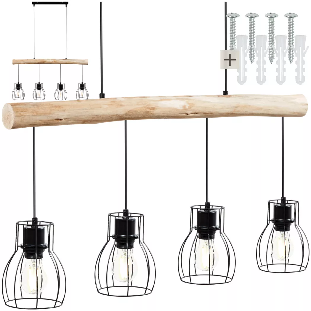 Tectake – Pendelleuchte Woody, 4-flammig, mit Holzbalken, 40 W, One Size, Braun