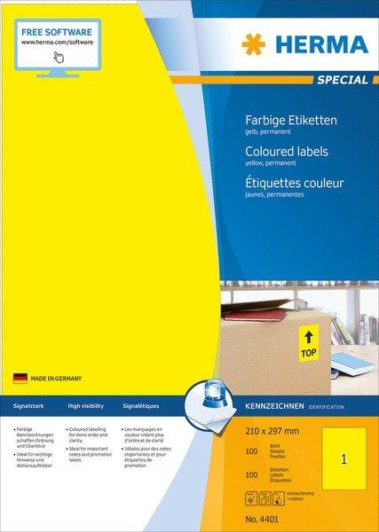 HERMA HERMA Etiketten SPECIAL 210x297mm 4401 gelb,perm. 100 St./100 Bl.  