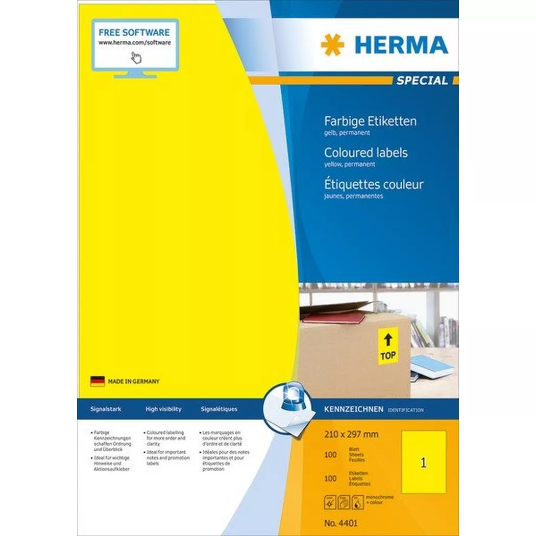 HERMA – Etiketten SPECIAL 210x297mm 4401 gelb,perm. 100 St./100 Bl., One Size