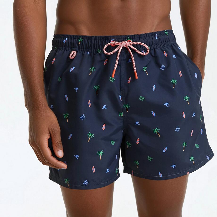Short de bain imprimé palmiers et planches de surf