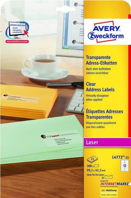 Avery-Zweckform Adress-Etiketten 99.1 x 42.3 mm Polyester-Folie Transparent 300 St. Permanent haftend Laserdruc  