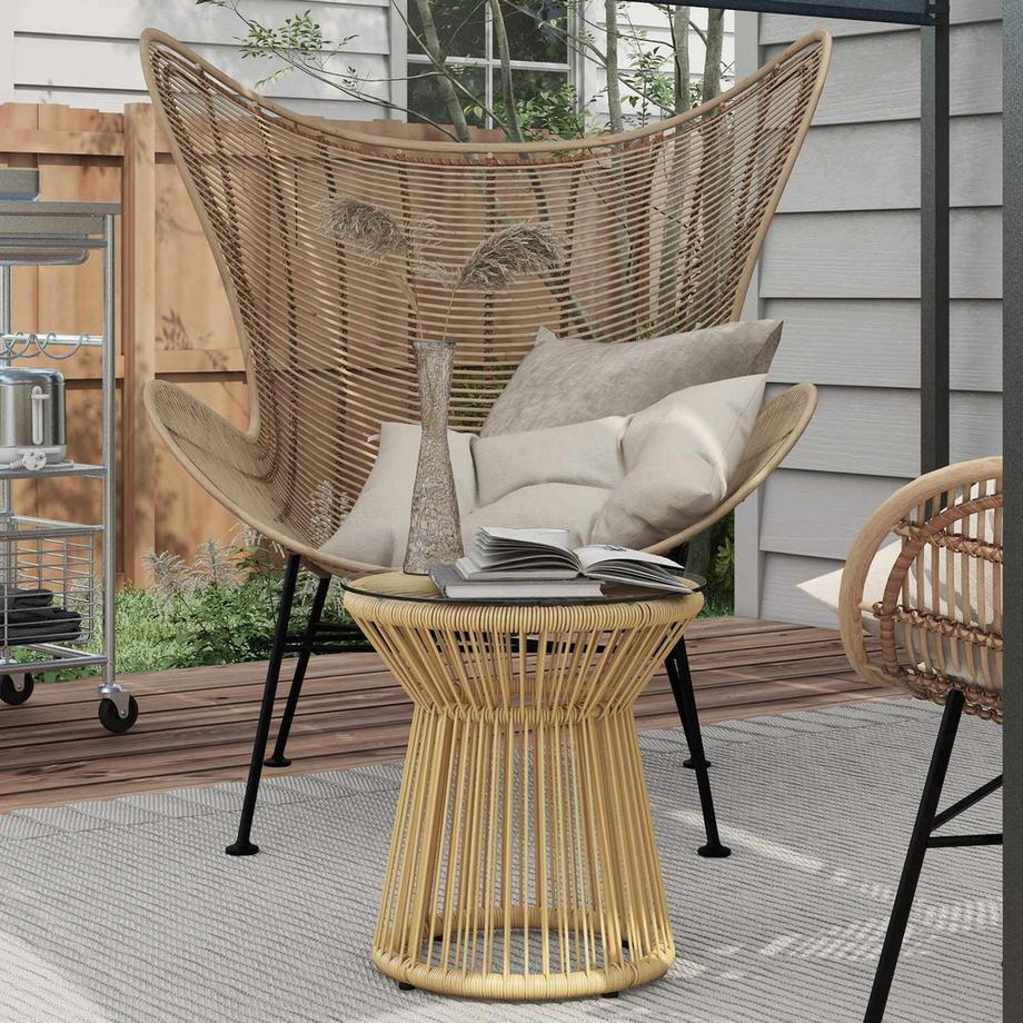 Northio Runder Beistelltisch Kaffeetisch mit Glastischplatte Hohltrommel-Design Gartentisch für Terrasse Metall Beige  