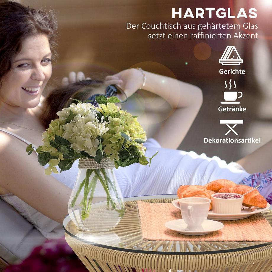 Northio Runder Beistelltisch Kaffeetisch mit Glastischplatte Hohltrommel-Design Gartentisch für Terrasse Metall Beige  