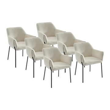 Lot de 6 chaises avec accoudoirs en tissu bouclette et métal noir - Crème - AKETI de Pascal Morabito