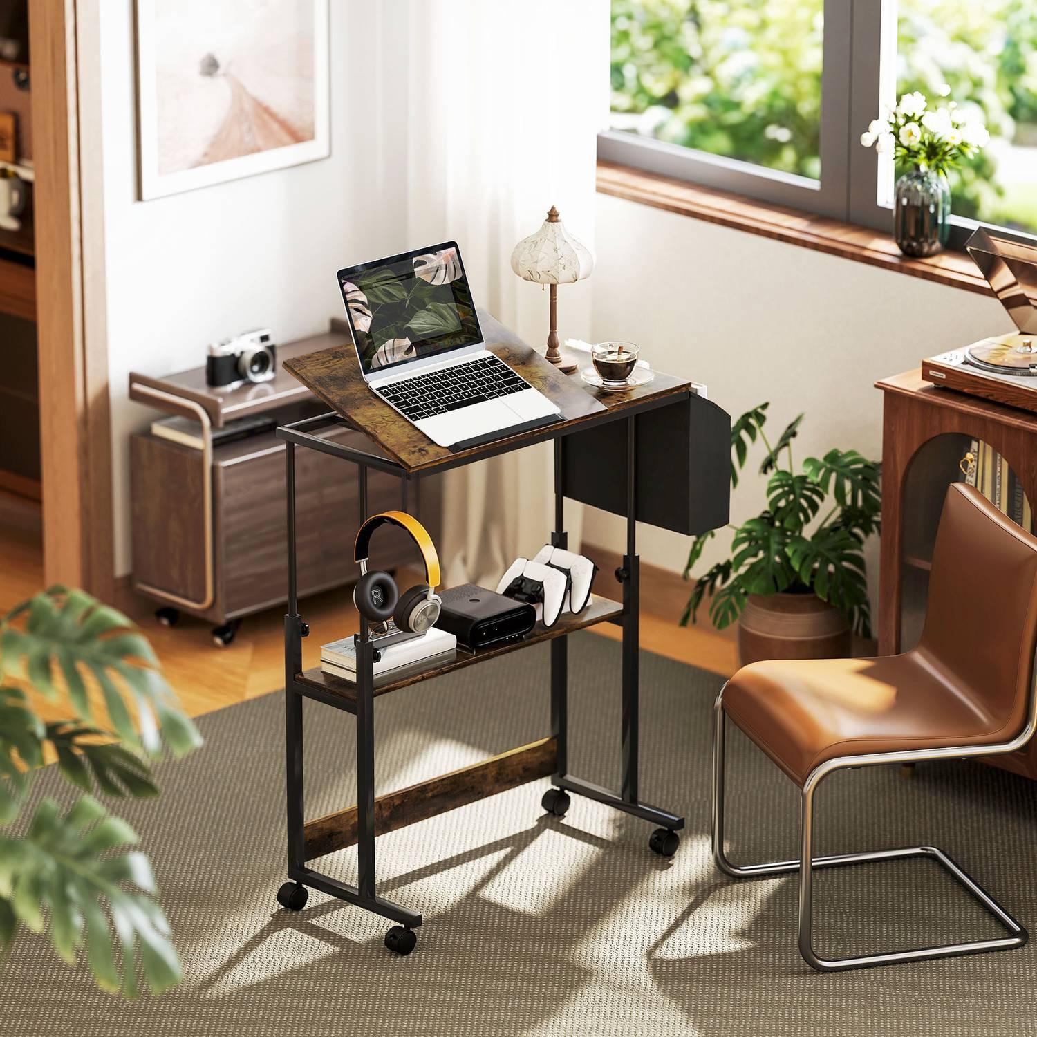 Northio Bureau réglable en hauteur 92 x 40 cm Bureau d'ordinateur avec roulettes Plateforme inclinable Sac de rangement pour bureau d'étude Acier Marron rustique  