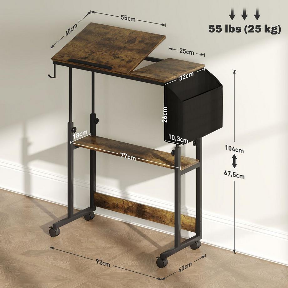 Northio Bureau réglable en hauteur 92 x 40 cm Bureau d'ordinateur avec roulettes Plateforme inclinable Sac de rangement pour bureau d'étude Acier Marron rustique  