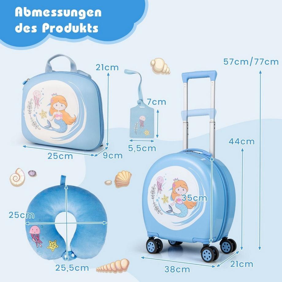 Northix  4 teiliges Kinderkoffer + Rucksack 10”+14” Kindertrolley mit Rollen Blau 