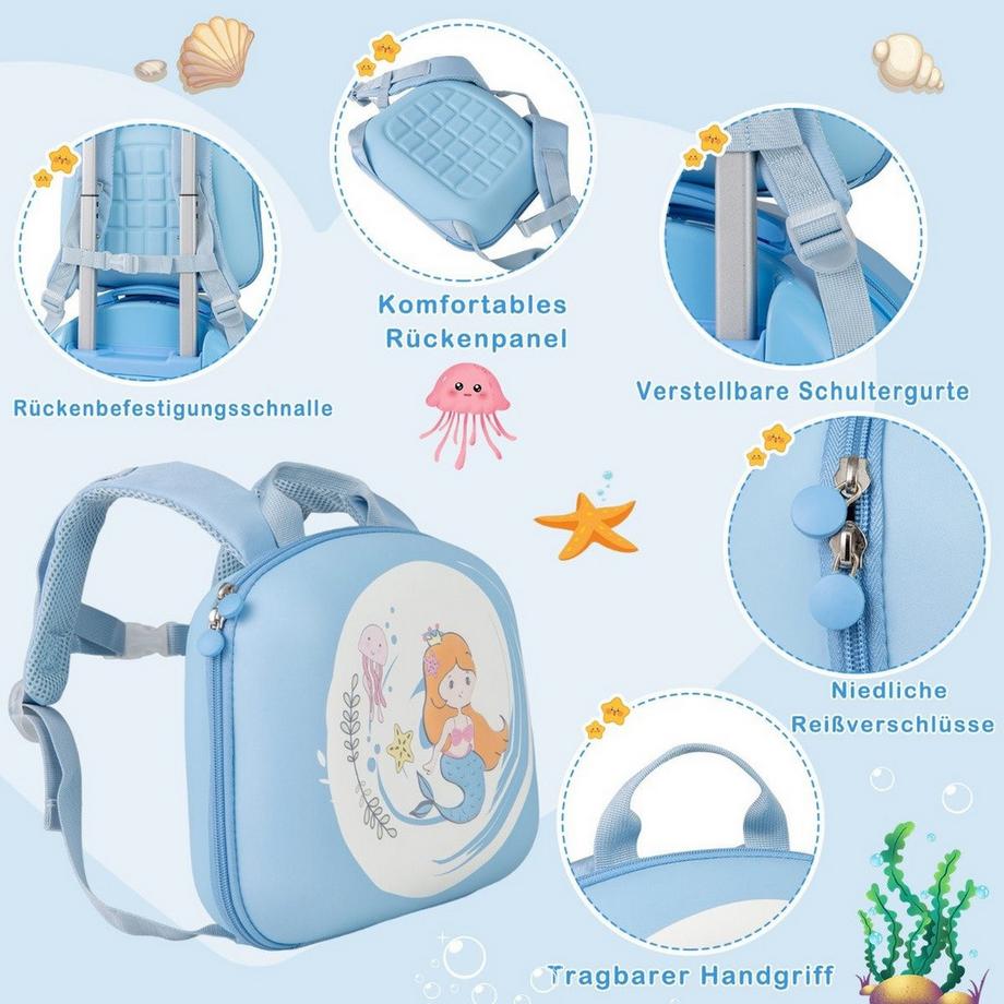 Northix  4 teiliges Kinderkoffer + Rucksack 10”+14” Kindertrolley mit Rollen Blau 