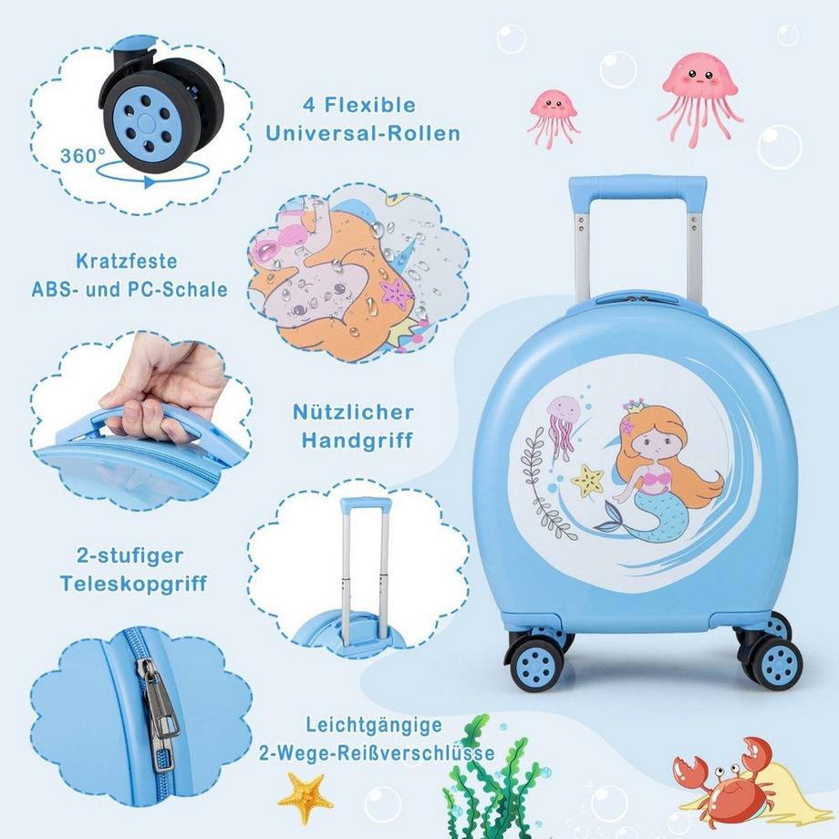 Northix  4 teiliges Kinderkoffer + Rucksack 10”+14” Kindertrolley mit Rollen Blau 