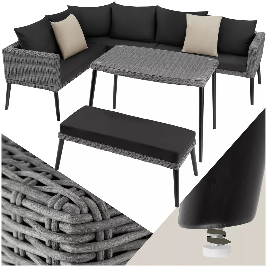 Tectake - Salon en rotin et aluminium Pula résistants aux intempéries et aux UV, 3 Stück, Gris