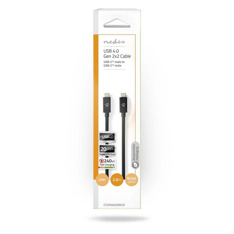 Nedis  Câble USB | USB 4.0 Gen 2x2 | USB-C™ Hane | USB-C™ Hane | 240 W | 8K@60Hz | 20 Gbps | Nickelplaterad | 2.00 m | Rond | PVC | Svart | Kuvert 
