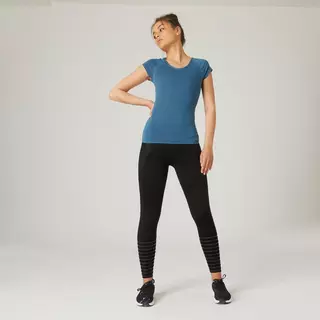 NYAMBA  T-shirt fitness manches courtes slim coton extensible col en V femme sarcelle Turquoise