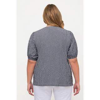 Ulla Popken  Blusa con crespatura a bolle, quadretto vichy, scollo a girocollo e mezze maniche 