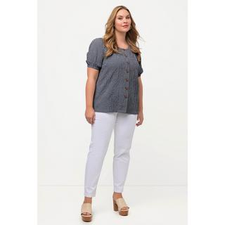 Ulla Popken  Blusa con crespatura a bolle, quadretto vichy, scollo a girocollo e mezze maniche 