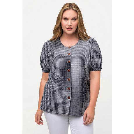 Ulla Popken  Blusa con crespatura a bolle, quadretto vichy, scollo a girocollo e mezze maniche 