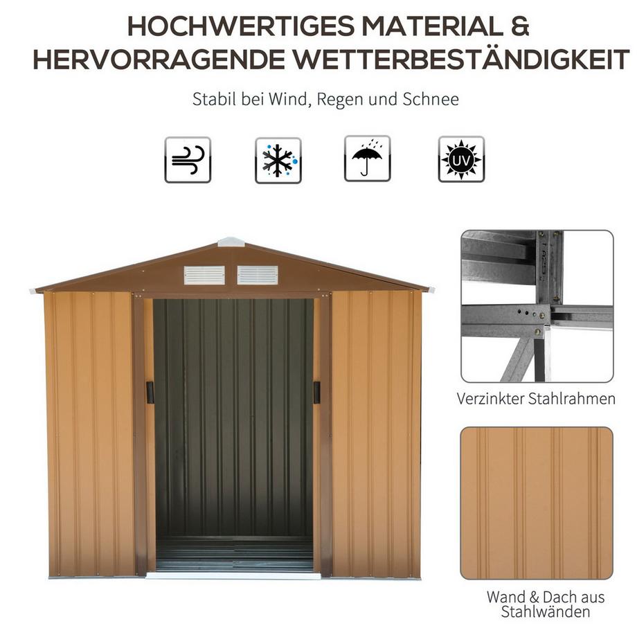 Northio Gerätehaus Geräteschuppen Gartenhaus Garten Schuppen Mit Bodenrahmen Und Schiebetüren Wetterfest Stahl Gelb 213 X 130 X 185 Cm  