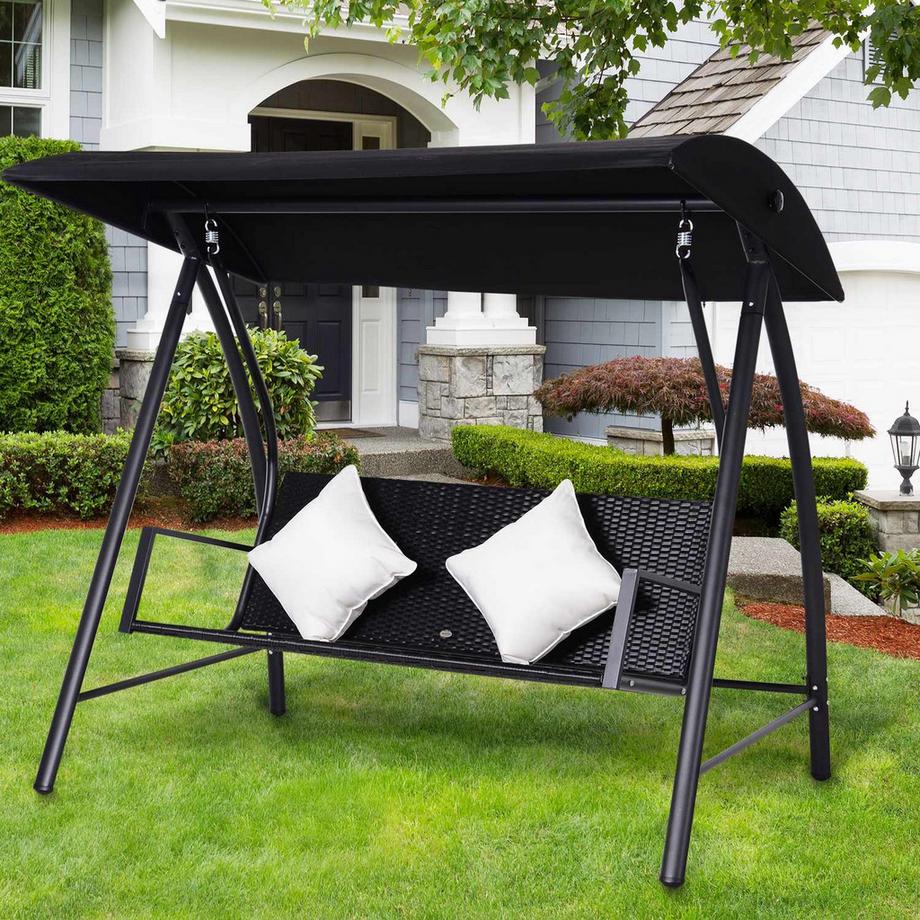 Northio 3-Sitzer Hollywoodschaukel Schaukel Polyrattan Metall Mit Kissen Belastbar Bis 360Kg Neu (Schwarz)  