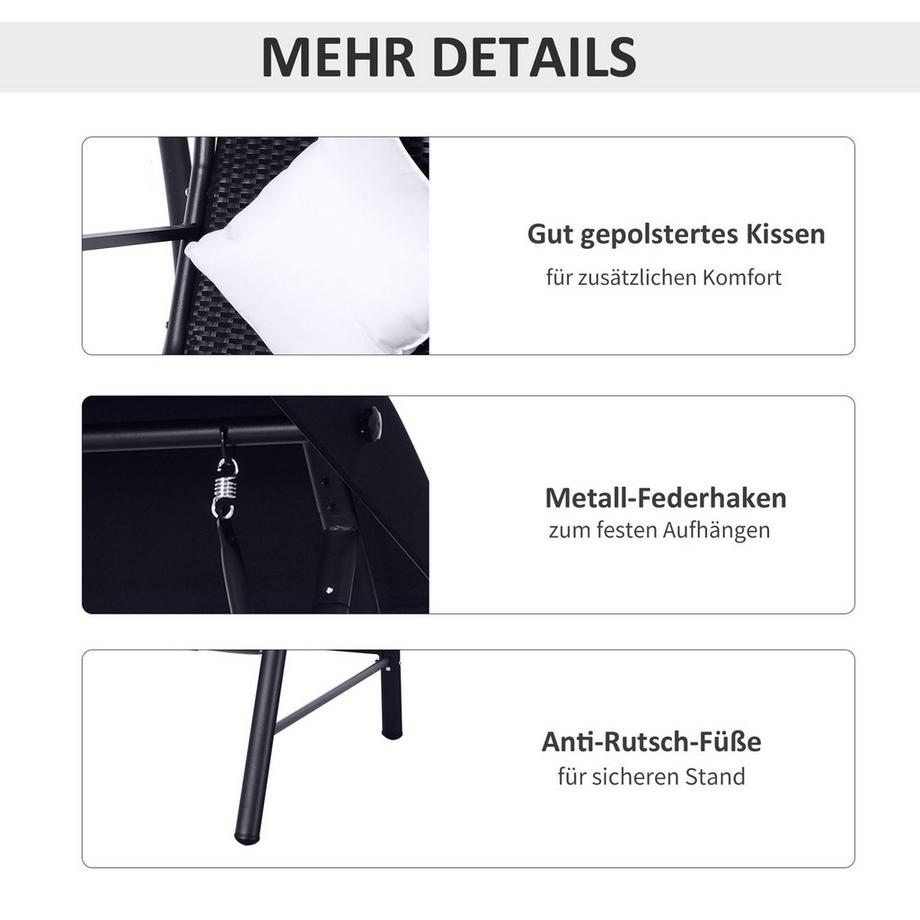 Northio 3-Sitzer Hollywoodschaukel Schaukel Polyrattan Metall Mit Kissen Belastbar Bis 360Kg Neu (Schwarz)  