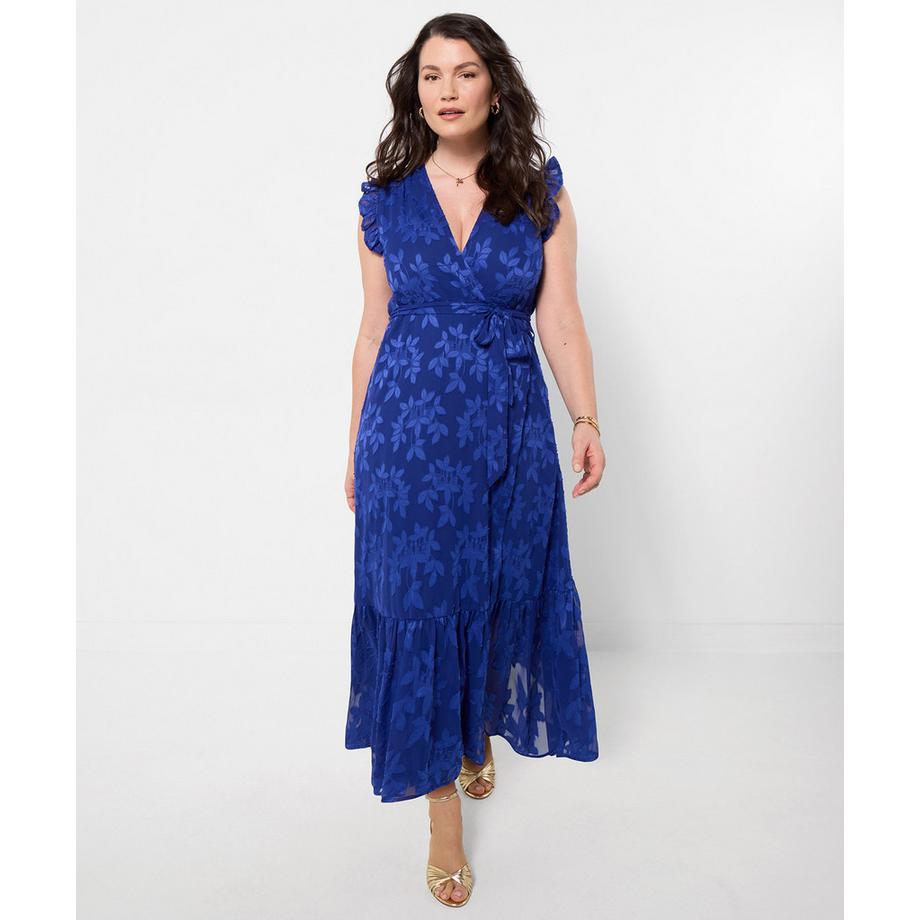 Robe Maxi Cache-Cœur avec Manches Volantées et Taille à Nouer au Dos