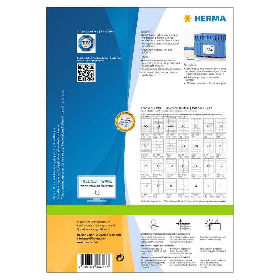 HERMA Etichetta universale 105 x 148 mm Carta Bianco 400 pz. A tenuta permanente Stampante a getto d'inchiostro  