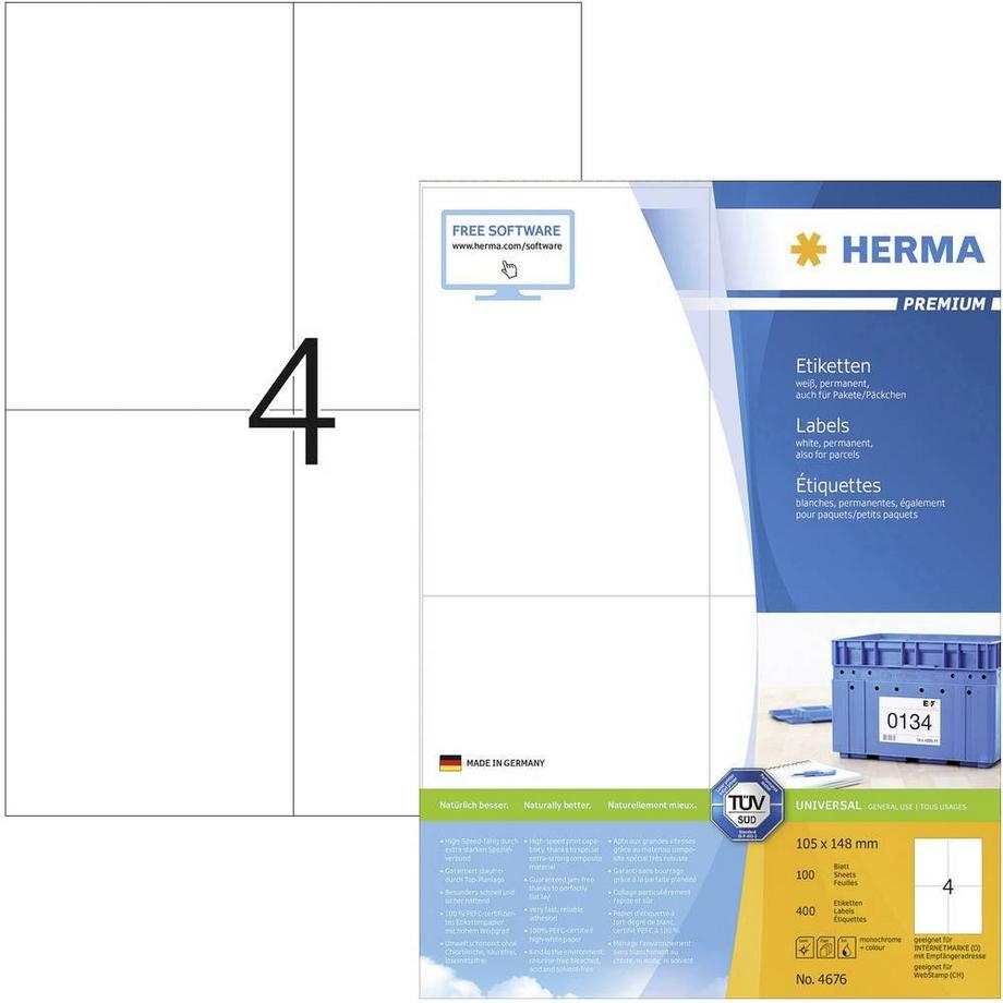 HERMA Etichetta universale 105 x 148 mm Carta Bianco 400 pz. A tenuta permanente Stampante a getto d'inchiostro  
