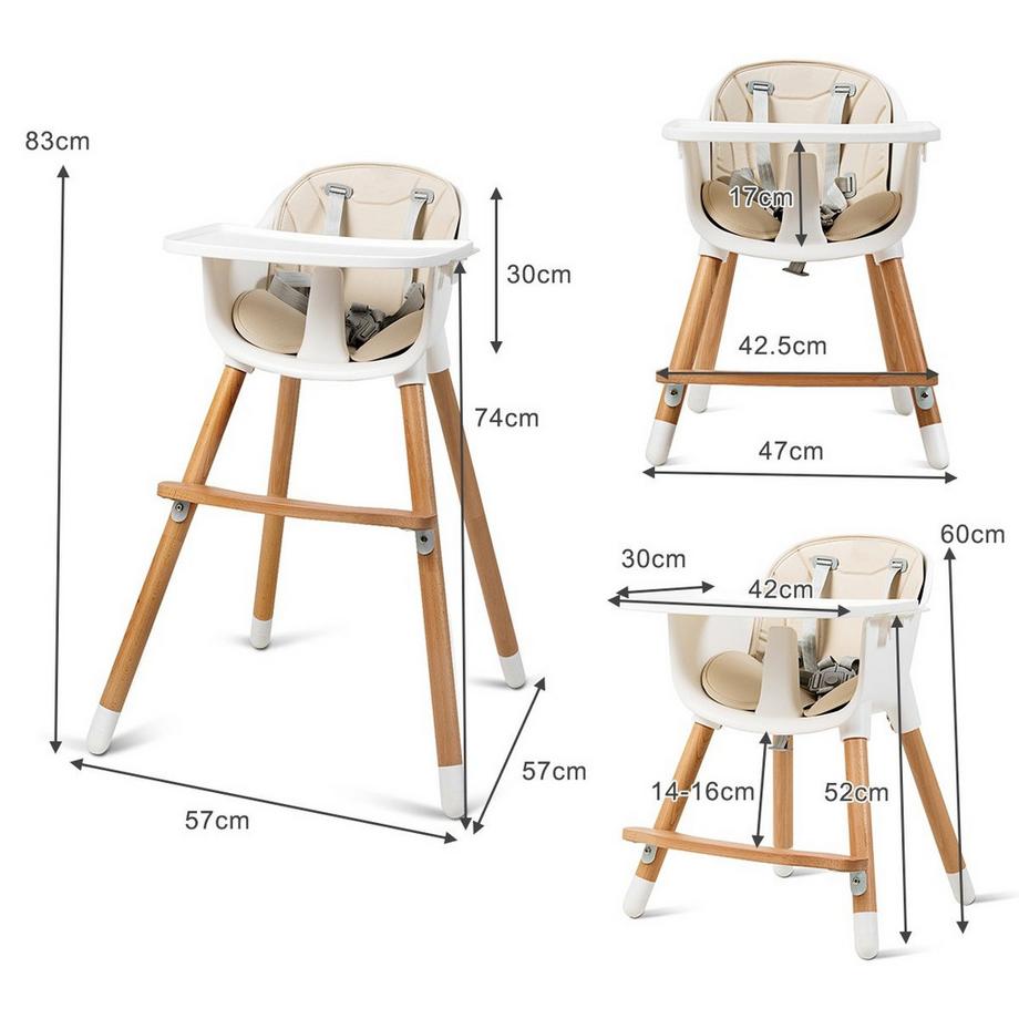 Northix  Chaise haute bébé 2 en 1 en bois, réglable 57 x 57 x 83 cm blanc crème + naturel 