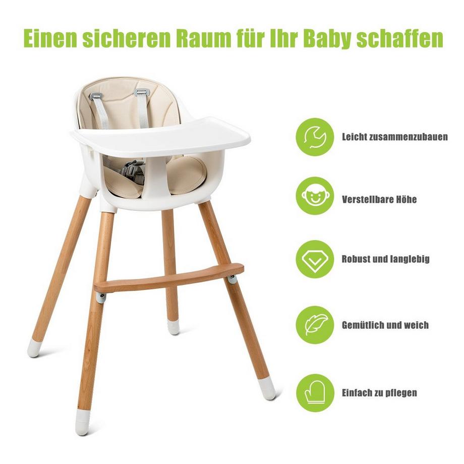 Northix  Chaise haute bébé 2 en 1 en bois, réglable 57 x 57 x 83 cm blanc crème + naturel 