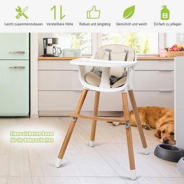 Chaise haute bébé 2 en 1 en bois, réglable 57 x 57 x 83 cm blanc crème + naturel