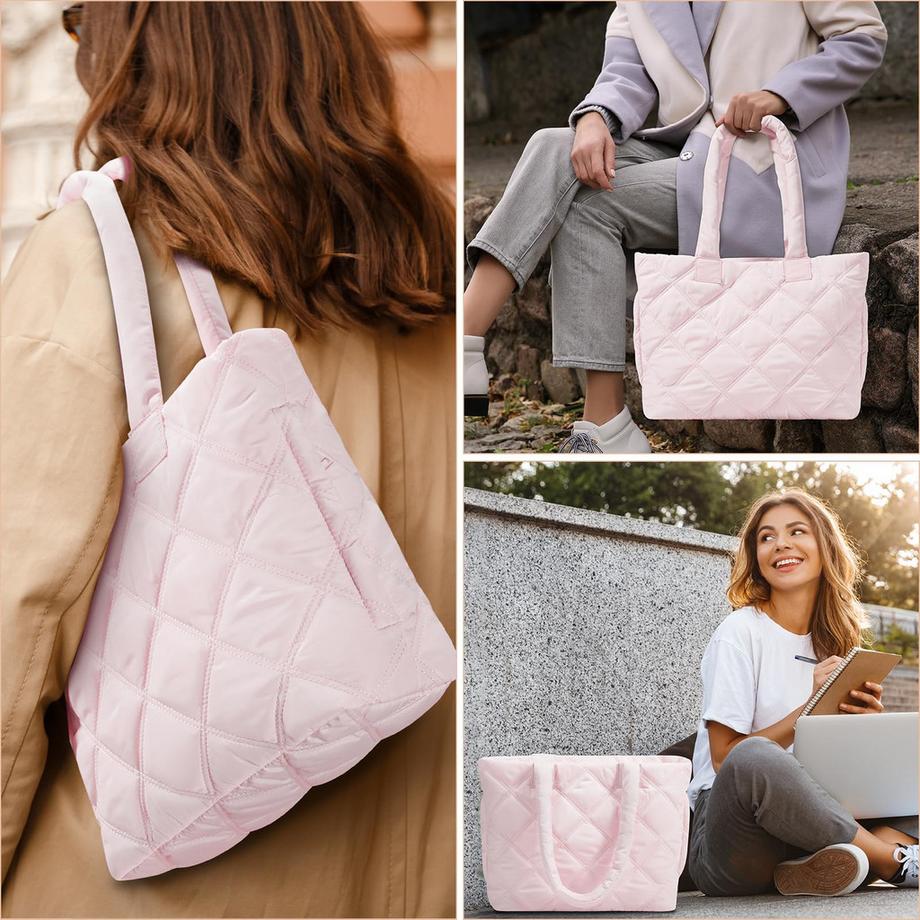 Only-bags.store Sac Cabas Quilté avec Compartiment pour Ordinateur Portable et Poche Latérale pour Bouteille d'Eau  