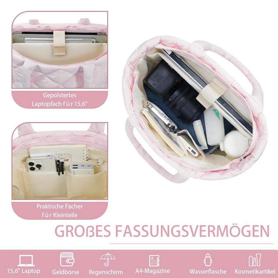 Only-bags.store Sac Cabas Quilté avec Compartiment pour Ordinateur Portable et Poche Latérale pour Bouteille d'Eau  