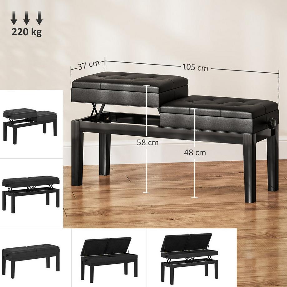 Northio  Klavierbank höhenverstellbar Klavierhocker mit Stauraum, Pianobank bis 220 KG Belastbar, Kunstleder, Schwarz, 105 x 37 x 48-58 cm | 