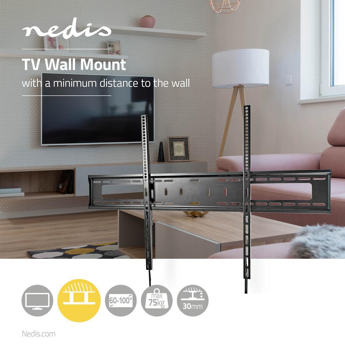 Nedis  Support mural TV fixe | 60-100" | Poids maximal de l'écran supporté : 75kg | Distance minimale au mur : 30.5mm | Métal / Acier | Noir 