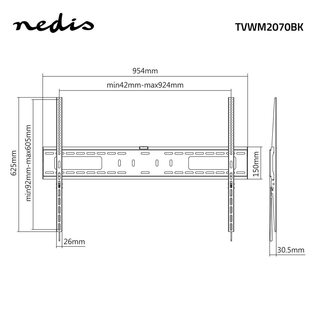 Nedis  Support mural TV fixe | 60-100" | Poids maximal de l'écran supporté : 75kg | Distance minimale au mur : 30.5mm | Métal / Acier | Noir 