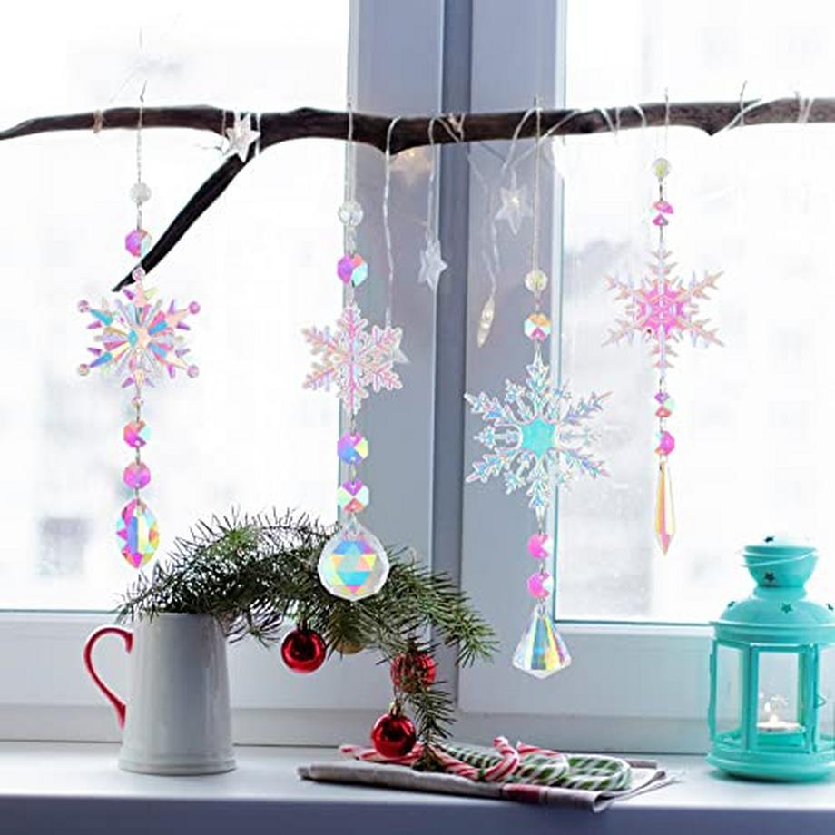 Alopini Sonnenfänger Kristall Windspiel, 4 Stück Schneeflocke Kristall Anhänger Dekoration  