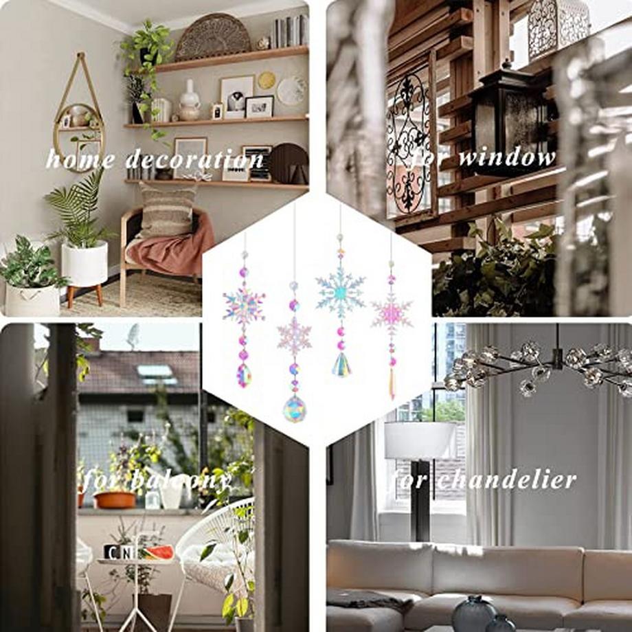 Alopini Sonnenfänger Kristall Windspiel, 4 Stück Schneeflocke Kristall Anhänger Dekoration  