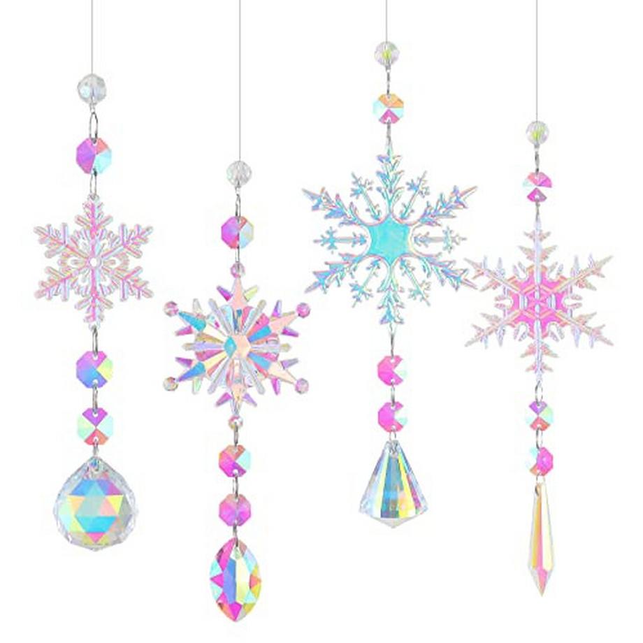 Sonnenfänger Kristall Windspiel, 4 Stück Schneeflocke Kristall Anhänger Dekoration